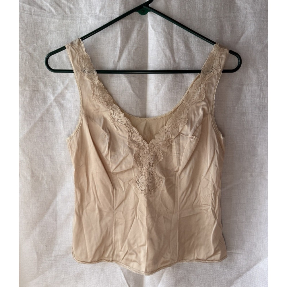 Vtg‎ Sears Lace Trim Camisole Beige Nylon Fairycore Lingerie Top